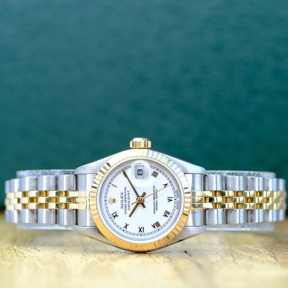 ROLEX DATEJUST WHITE ROMAN DIAL 18K GOLD FLUTED JUBILEE TWOTONE WATCH 26MM 69173 - Picture 8 of 13